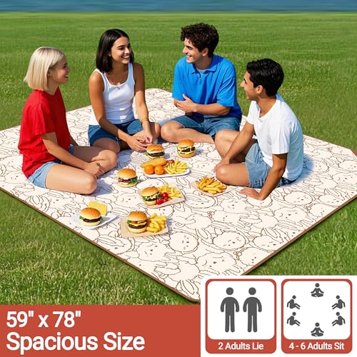 Extra Large Picnic Blanket 78" X 59" Foldable Washable Waterproof Sandproof Soft Cute Picnic Blankets Outdoor Picnic Mats for Camping Beach Blankets Party Park Accessories (All Rabbits 78" X 59")