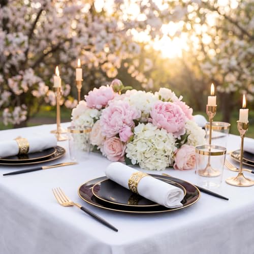150pcs Black Plastic Plates, Black and Gold Plates,Gold Plastic Silverware,Black and Gold Dinnerware Set,Premiun Taleware,Perfect for Birthday,Party,Wedding,Anniversary - color: 150pcs Black and Gold Plastic Dinnerware Set