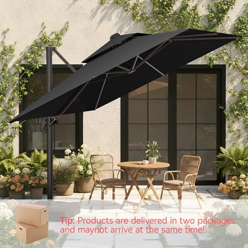 10x10 FT Patio Umbrella with Base, Large Cantilever Double Top Heavy Duty Offset Umbrellas with 360° Rotation, Outdoor shade for Garden Deck Pool, Grey - color: Gray, size: 10x10 FT with Base