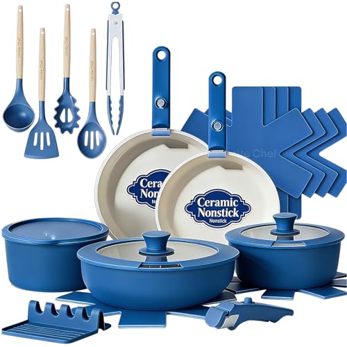 Umite Chef Pots and Pans Set Non Stick, 21 pcs Ceramic Cookware Set with Detachable Handles, Healthy Induction Cookware Oven Safe RV Kitchen Cooking Set with Utensils, PFAS PFOA & PTFE Free, Navy - color: Navy