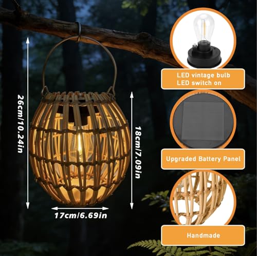 Solar Outdoor Lanterns, Hanging Rattan Lantern Handwoven Garden Lights Solar lamp Waterproof for Outside, Idea for Yard Gazebo Patio Pergola Pathway Front Porch Decor, 2 Pack