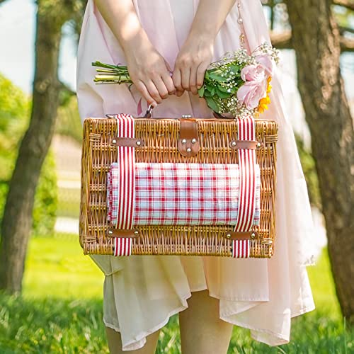 Wicker Picnic Basket for 2 with Large Insulated Cooler Compartment and Waterproof Picnic Blanket, Cutlery Service Kits, Wicker Picnic Hamper for Camping, Valentine Day,Thanks Giving,Birthday(Red) - color: Red Check