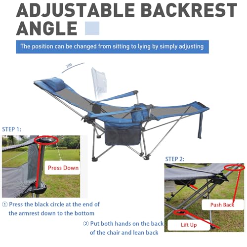 Reclining Camping Chair with Removable Footrest, Adjustable Camping Lounge Beach Chair with Padded Headrest, Cup Holder & Carry Bag, Camp Chair with Foot Rest Lawn Chairs for Camp, Fishing,Office - color: Black