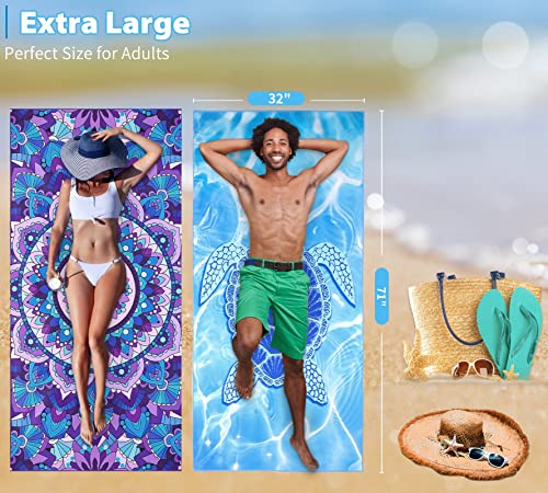 2 Pack Microfiber Oversized Lightweight Beach Towel 71"x32" XL Extra Large Thin Sand Free Towels Travel Swim Pool Yoga Gym Camping for Adults Women Men Beach Essentials Accessories Vacation Gift - color: Turtle Mandala