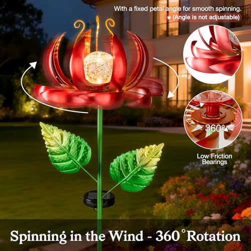 Solar Yard Lights Wind Spinners- Metal Lotus Flower Garden Decor LED Crackle Glass Globe Yard Art Sculpture Solar Stake Lights for Patio Pathway Lawn Walkway (Red-Large) - color: Red-large