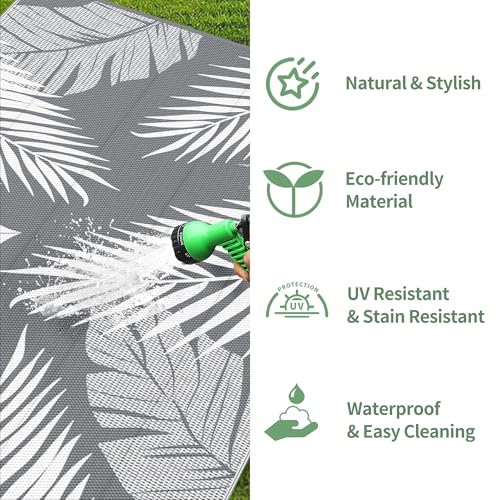 GENIMO Outdoor Rug 10' x 10' Waterproof for Patios Clearance, Reversible Outdoor Plastic Straw Camping Rug Carpet, Large Area Rugs Mats for RV, Camper, Deck, Balcony, Porch, Beach, Picnic, Grey&White - color: Grey & White | Waterproof, size: 10' x 10' (Re