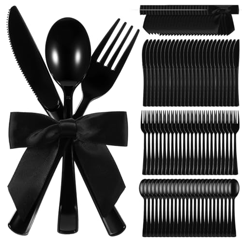 Minatee 25 Sets Black Plastic Cutlery Set with Twist Tie Bows, Heavy Duty Tableware Disposable Forks Knives Spoons Silverware Utensils Set for Coquette Birthday Bow Party Table Setting Picnics - color: Black