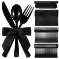 Minatee 25 Sets Black Plastic Cutlery Set with Twist Tie Bows, Heavy Duty Tableware Disposable Forks Knives Spoons Silverware Utensils Set for Coquette Birthday Bow Party Table Setting Picnics - color: Black