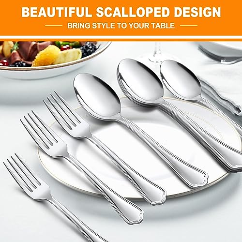 16-Piece Spoons and forks Set, E-far Stainless Steel Scalloped 8 Dinner Forks and 8 Dinner Spoons, Modern Metal Silverware Flatware Cutlery for Kitchen and Restaurant, Dishwasher Safe-7.9 Inch - style: Scalloped