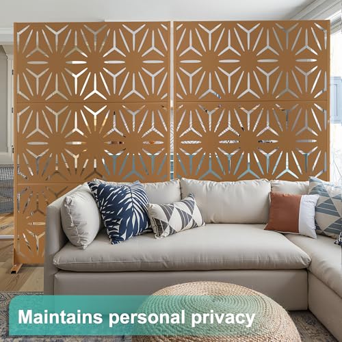 Modern Metal Privacy Screen, Patio Outdoor Privacy Panels with Stand, Freestanding Outdoor Divider for Yard, Deck＆Garden(71.3"*47.3"*15.7") - color: Brown,Star