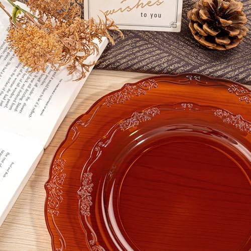 U-QE 100PCS Amber Plastic Plates - Clear Brown Plastic Plates Disposable Heavy Duty - Disposable Plates for Party Including 50PCS 10'' Dinner & 50PCS 7.5'' Dessert Plate - color: Amber