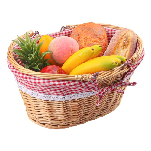 14.2 Inch Natural Wicker Basket with Linen Cotton Cloth Lining, Oval Wicker Woven Basket with Handle, Willow Woven Picnic Baskets for Picnic, Camping, Party(Large) - size: 1 Pack 14.2in Natural(Round willow)