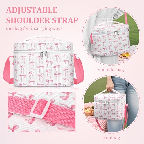 TESAFNG Insulated Lunch Bag for Women, Cute Corduroy Reusable Lunch Box for Adult, Leakproof Cooler Bag for Work Office Travel Picnic, Lunch Tote Bag with Adjustable Shoulder Strap (Pink Bow) - color: Pink Bow