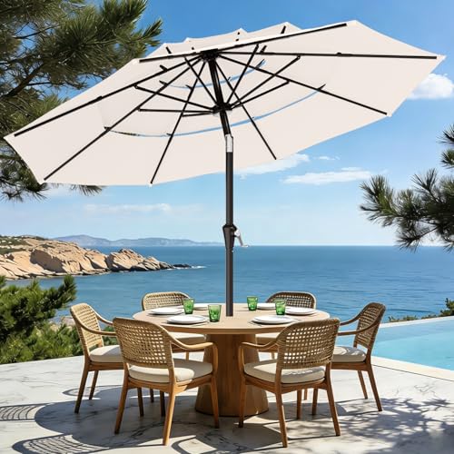 AreShark 9ft 3-Tier Patio Umbrellas, Outdoor Umbrella with 8 Sturdy Ribs UV Protection Windproof, Market Table Umbrella w/Push Button Tilt & Crank for Pool, Porch, Deck, Garden(Cream White) - color: Cream White