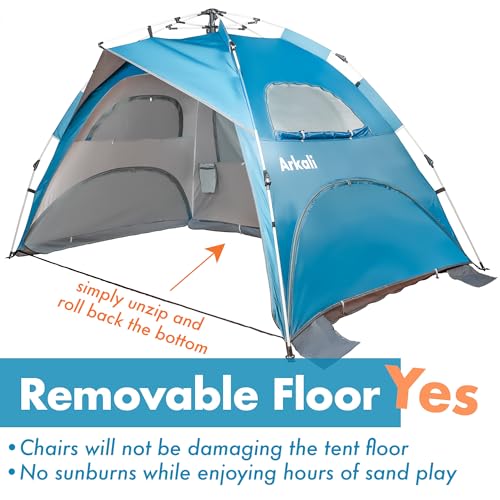 Beach Tent for Family with Kids Pop Up Beach Sun Shade Tent with UPF 50+ UV Protection, Removable Floor Zippered Privacy & Ventilation Sun Shelter Family 3 to 4 Person - color: blue