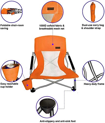 Nice C Chair Beach, Low Beach Chair, Sling, Folding, Portable, Concert, River, Beach Seat, Sillas de Playa, for Adults, Kids, Boat, Sand Chair with Cup Holder & Carry Bag (1 Pack of Orange) - color: Orange