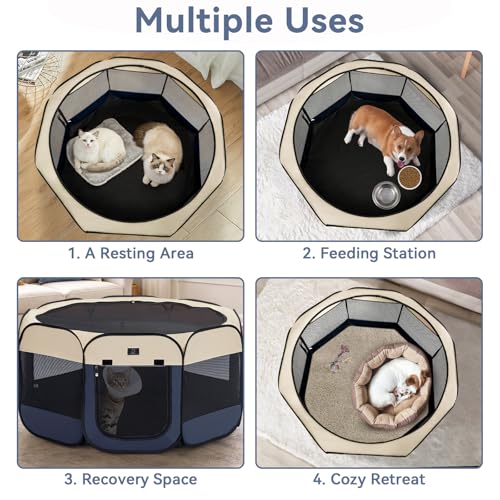Dog Playpen for Small Dogs & Puppies, 50.39" Portable Indoor Outdoor Puppy Playpen with Bowl, Waterproof Floor, Foldable Pop-Up Pet Pen for Home, Travel & Daily Use, Blue+Beige - color: Blue+Beige, size: L(50.39"x50.39"x25")