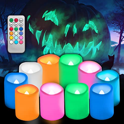 10 PCS Colored Flameless Flickering Remote Control Led Votive Tea Light Timer Candles/Color Changing Battery Operated LED Fake Candle for Outdoor Halloween Pumpkin Light Christmas Decorations - color: Color Changing Remote Votive - 10 Pack
