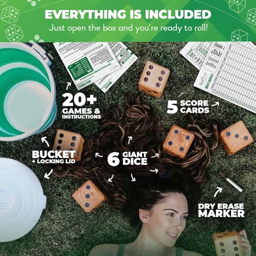 SWOOC Games - Yardzee, Farkle, & 20+ Giant Dice Games - Yard Dice (All Weather) with Bucket, Scorecards, & Marker - Giant Outdoor Game - Large Yard Game for Adults - Big Jumbo Die Set with Bucket - color: Green, size: 3.5" Dice