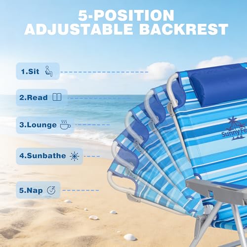 SUNNYFEEL Extra Wide 28" Low Beach Chair 5 Position Lay Flat, XL Oversized Portable Folding Camping Chairs with Cup Holder for Outdoor/Trip, Lightweight Foldable Backpack Beach Chair for Adults - color: Lightblue Stripe, size: 1-PACK