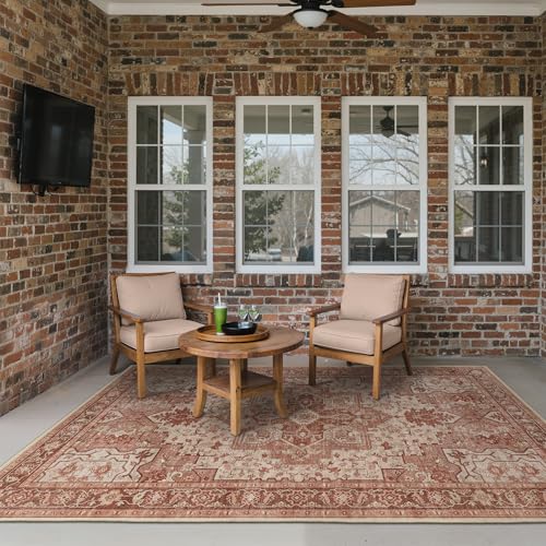 GENIMO Outdoor & Indoor Area Rug 5'x8', Waterproof, Non-Shedding, Easy Cleaning, Boho Mat for Patio, Living Room, Balcony, Dining Room, RV, Deck, Bedroom, Camping, Outside Carpet,Brown Red - color: Brown Red, size: 5' x 8' (Rectangular)