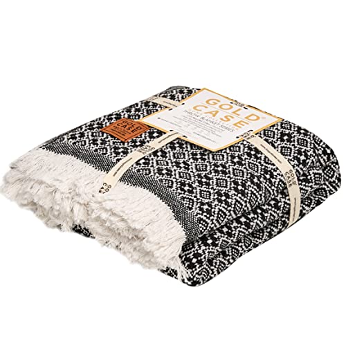 Gold Case Throw Blanket for Couch - 100% Recycled Turkish Cotton Blankets & Throws - Retro Soft Throw Blankets for Living Room - Boho Decorative Woven Couch Blanket - 60x80 - Black - color: Retro Black, size: 60x80"