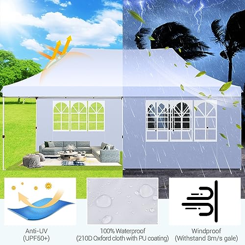 COBIZI 10x20 Pop Up Canopy with 4 Sidewalls, Conical Party Tent 10x20 with 3 Adjustable Height Waterproof, UV-Resistant with Carry Bag, Sandbag, Stake, Ropes for Parties, Commercial (Frame Upgraded) - color: White, size: 10x20FT with 4 sidewalls