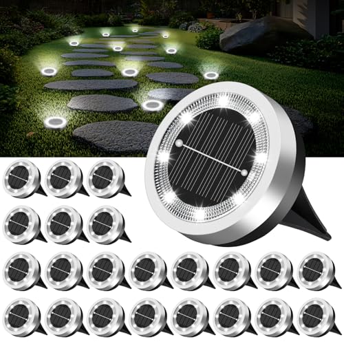Mini Solar Ground Lights Outdoor 24 Pack Waterproof Upgraded Anti-Rust Solar Flat Garden Lights Stainless Steel Solor Powered Disc Landscape Light for Pathway Walkway Yard Lawn Patio-Cool White - color: Cool White, size: 24 Pack