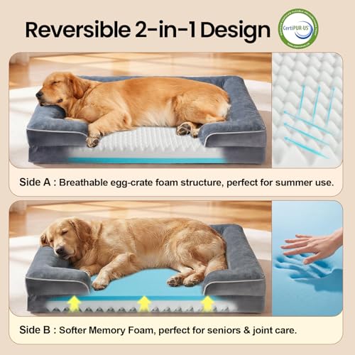 OhGeni Orthopedic Dog Bed Couch Big Cat Sofa for Extra Large Sized Pets with Memory Foam, Machine-Washable Waterproof Removable Cover, Soft Comfortable Fabric, 41-inch (Gray) - color: 01-Gray, size: 41"x30"x7"