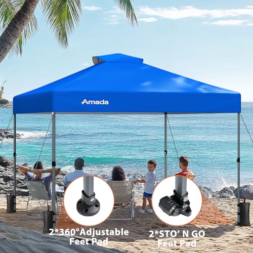 Amada 12x12 Pop Up Canopy Tent, 1-Button Push Easy-up Outdoor Canopy Beach Tent with 3-Height Adjustable Waterproof Shade Shelter, Wheeled STO-N-Go Bag 8 Stakes, 4 SandBags (Blue) - color: Blue, size: 12x12ft