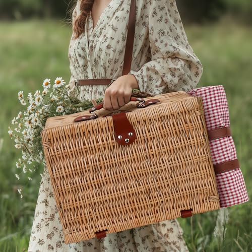 Picnic Basket for 2 with Waterproof Picnic Blanket, Wicker Picnic Set Kit with Cooler for Beach, Insulated Picnic Baskets, Bridal Shower Gift Wedding Gifts with Mr Mrs Wine Glasses and Greeting Card - color: Wedding Gift Style Red and White