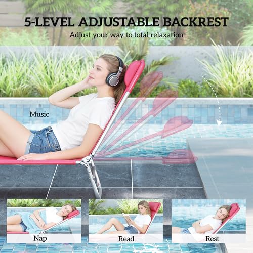 Outsunny Folding Chaise Lounge Chair, Pool Sun Tanning Chair, Outdoor Lounge Chair with Reclining Back, Breathable Mesh Seat, Headrest for Beach, Yard, Patio, Pink