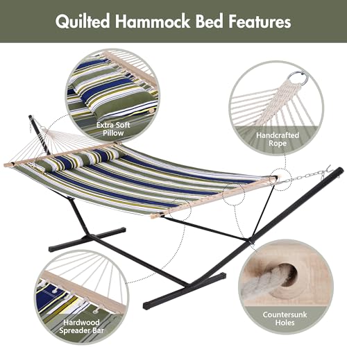 ANOW Double Hammock with Stand 12FT, Heavy Duty Hammocks with Stand for Outside, 450 LBS Weight Capacity, Blue & Green Stripes - color: Blue & Green Stripes, size: 2 Person With Stand