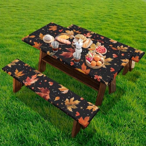 Classic Maple Leaf Elastic Fitted Table Cloth for Camping Party Supplies 3 PCS Set Thanksgiving Outdoor Picnic Table Cover with Bench Covers - color: Classic Maple Leafs, size: Small