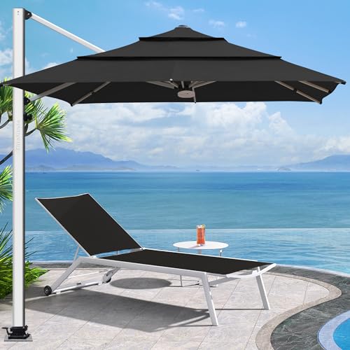 EliteShade USA APOLLO 3-Tier 10x10FT Full Aluminum Cantilever Patio Umbrella for Outdoor restaurant Garden Courtyard Deck Pool and Marketing with Light,Black - color: Black, style: 10FT Apollo
