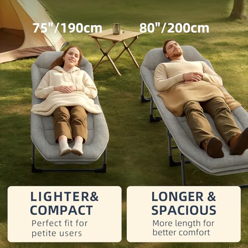 SnozeFlex Chaise Lounge Chair, Folding Cot, 6-Angle Adjustable Camping Cot with Mattress for Patio and Beach, Foldable Bed Portable Heavy Duty Lay Flat Reclining with Pillow (Grey, XL - 80")