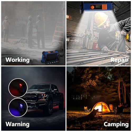 120W Solar Rechargeable Work Light, 144 LED Portable Flood Light with Stand, IP66 Waterproof 4 Modes LED Job Site Lighting Flashlights for Mechanic Camping Fishing Car Repair(Blue 1 Pack) - style: Blue 1 Pack