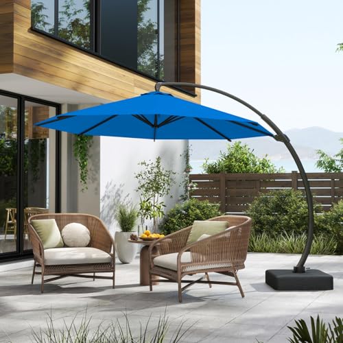 11FT Cantilever Umbrella with Base Large Curvy Outdoor Aluminum Offset Umbrella w/ 360° Rotation, UV Resistant Canopy for Patio, Garden, Backyard, Royal Blue - color: Royal Blue, size: 11FT