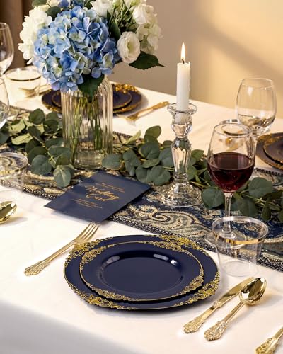 Nervure 350Pcs Blue Plastic Plates - Blue Gold Plastic Dinnerware Sets for 50 Guests - 100 Navy Gold Disposable Plates, 50 Pre Rolled Silverware, 50 Cups Perfect for Wedding & Party - color: Navy Blue and Gold