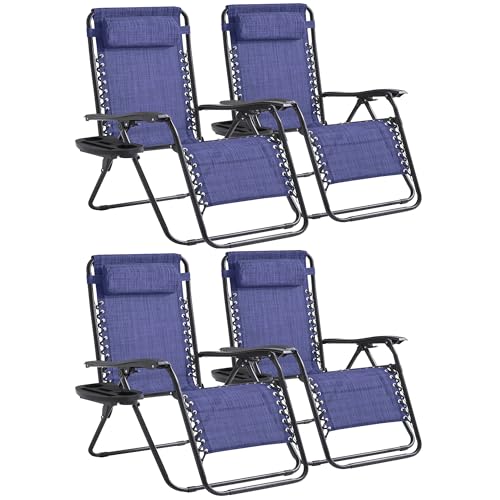 Zero Gravity Chair Set of 4 Oversized Folding Recliner, Padded Anti Gravity Lounge Chair with Adjustable Pillow & Cup Holder for Outdoor Camping, Patio, Poolside, Lawn (Blue) - color: Blue, size: 4 PCS