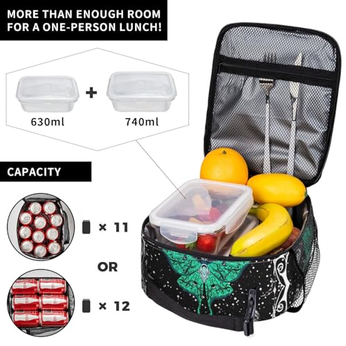 Moth Moon Phase Witchy Psychedelic Eyes Moon Stars Insulated Lunch Bag Portable Reusable Zipper Lunch Box For Men Women Work Picnic Travel Camping - color: Black12
