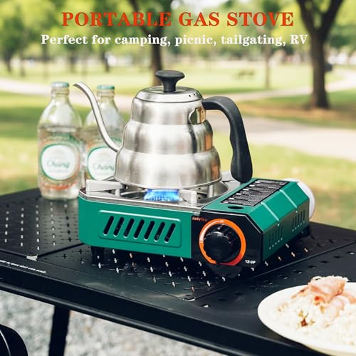 Modern Camping Stove with Carrying Case, 10"x7.5" Mini Portable Butane Gas Stove 6900BTU for Patio Cooking Hotpot Camp Hiking RV Trip Tailgating Emergency Use, Green GS348 - size: 10"