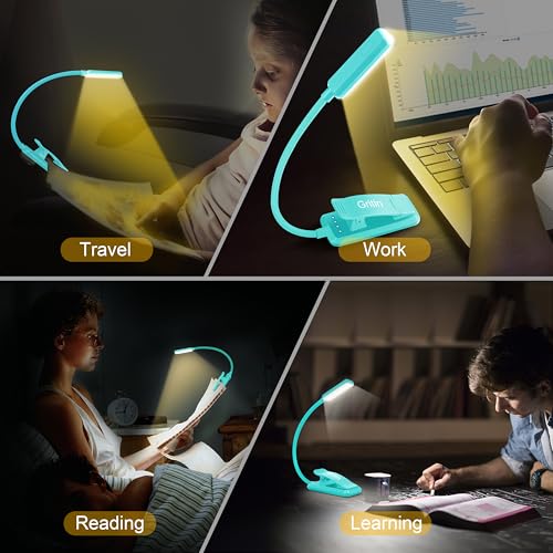 Gritin 9 LED Rechargeable Book Light for Reading in Bed - Eye Caring 3 Color Temperatures,Stepless Dimming Brightness,80 Hrs Runtime Small Lightweight Clip On Book Reading Light for Studying -Blue - color: Blue