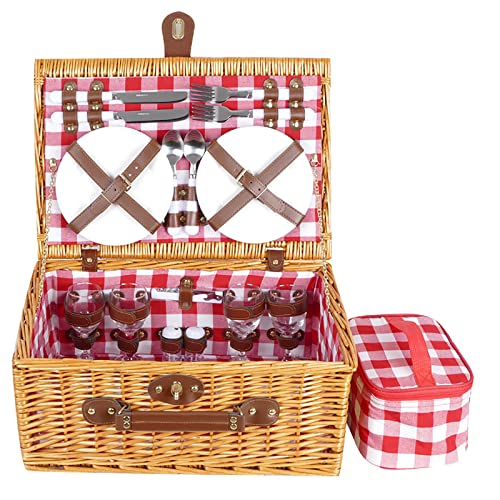 Willow Picnic Basket with Deluxe Service for 4 Persons,Willow Picnic Set with Insulation Bag & Cutlery Service Kit,Natural Wickerr Basket for Camping,Trips,Outdoor Activities