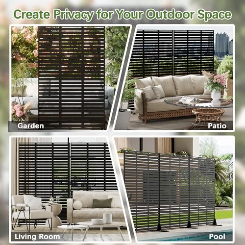 Cofar Metal Privacy Screen Outdoor 72" H×44" W -Black Freestanding Outdoor Privacy Panels with Stand, Decorative Fence for Patio, Deck, Balcony（Slatted） - style: 5-Panels Slatted_Black