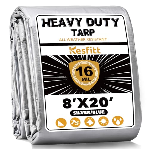 Kesfitt 16 Mil Heavy Duty Waterproof Tarp with Metal Grommets, 8x20 ft, Silver & Blue Reversible Poly Tarp for Outdoor Protection, Yard, Worksite, Equipment, Veicles,Pools Coverage - color: 16mil-silver, size: 8x20 ft