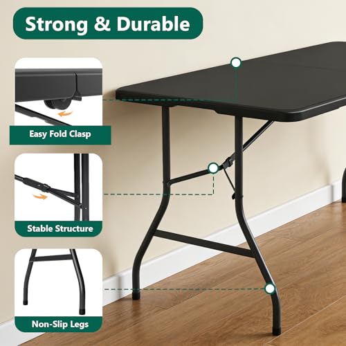 Folding Table 5FT Heavy Duty Plastic Table with Handle, Foldable&Portable, Fold-in-Half Utility Tables for Outdoor, Dining, Wedding, Events, Indoor, Picnic, Camping, Party, Coffee Black - color: Black, size: 5FT