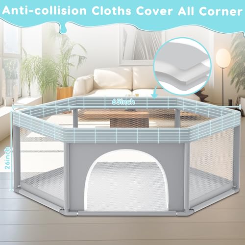 Fshibila 65" ×65" Hexagonal Baby Playpen, Baby Playard for Babies and Toddlers, BabyFence Play Pens for Indoor & Outdoor, Sturdy Safety Play Yard with Soft Breathable Mesh, Anti-Fall, Grey - color: Grey, size: 65 x 65 IN Hexagonal