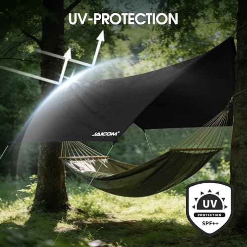 JAICOM Waterproof Hammock Rain Fly, Portable Camping Tarp - 12ft x 9.5ft Large Camp Tarp with Tent Stakes & Trap Clip & Guy Lines, Ultralight Shelter for Backpacking, Outdoor Shade - color: Black