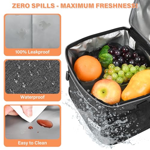 Tirrinia Insulated Lunch Box for Men/Women, Leakproof Lunch Bag for School Work, Large Lunch Tote Kids Boys Girls Student Back to School, Soft Cooler Office Picnic Beach Camping for Adults, Charcoal - color: Black, size: Medium -7.8L